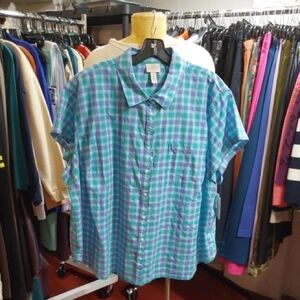 St. John's Bay Teal and Navy Checkered Womens Shirt